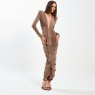 Elegant slim evening dress: brown ruffled langry fashion jumpsuit with long sleeves and high heels