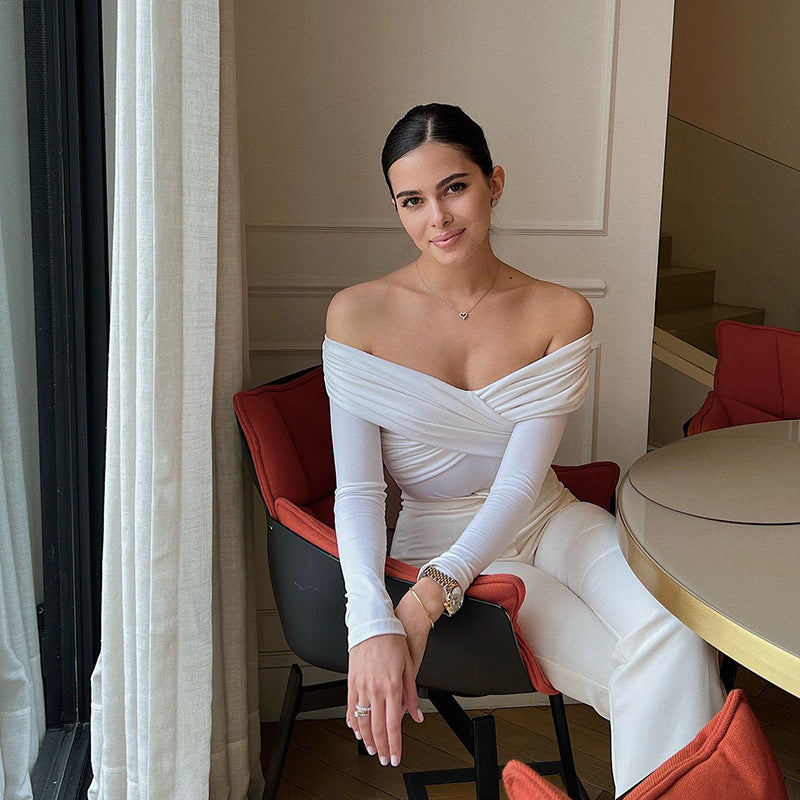 Elegant white off-the-shoulder langry fashion jumpsuit with cross pleats