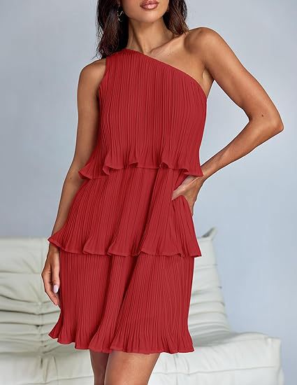 Red stunning shoulder layered stitching hem pleated sleeveless dress for elegant occasions