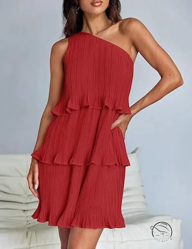 Red one-shoulder tiered dress with stunning shoulder layered stitching