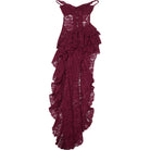 Elegant langry burgundy lace ruffled tube dress with high slit
