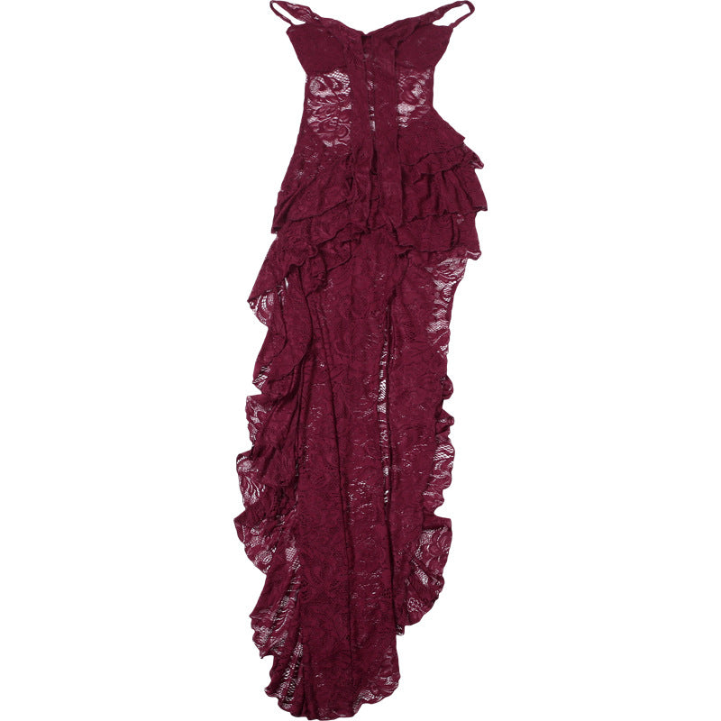 Elegant langry burgundy lace ruffled tube dress with high slit