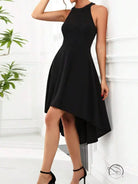 Elegant black high-low halter evening dress in langry fashion