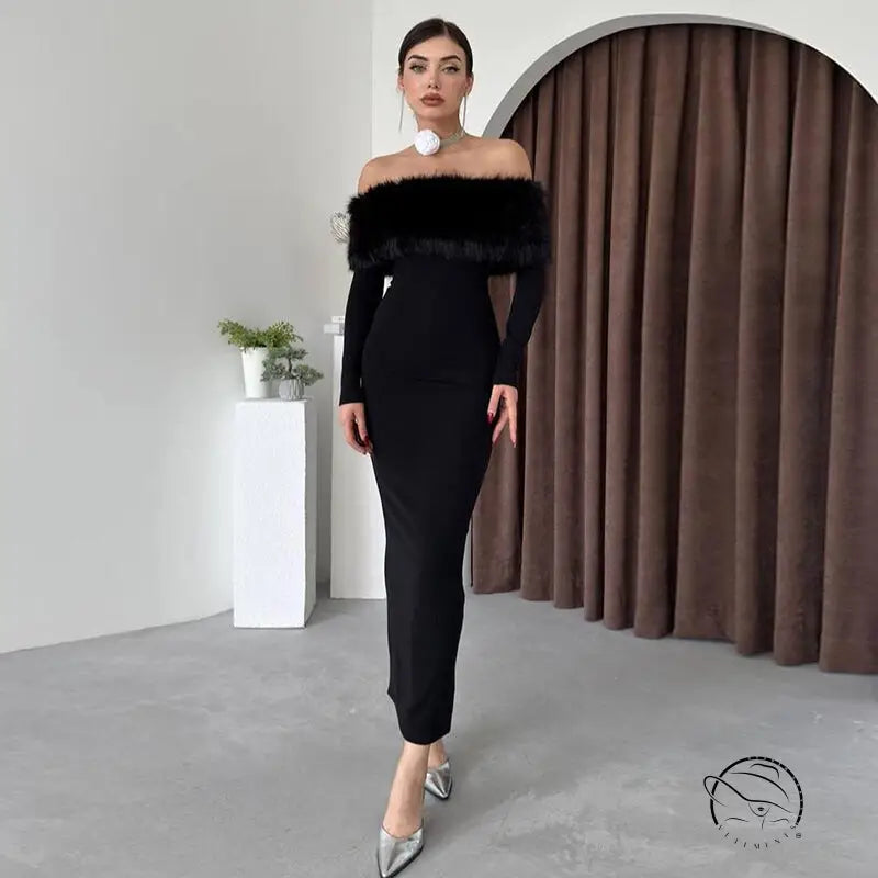 Elegant black off-the-shoulder langry fashion dress