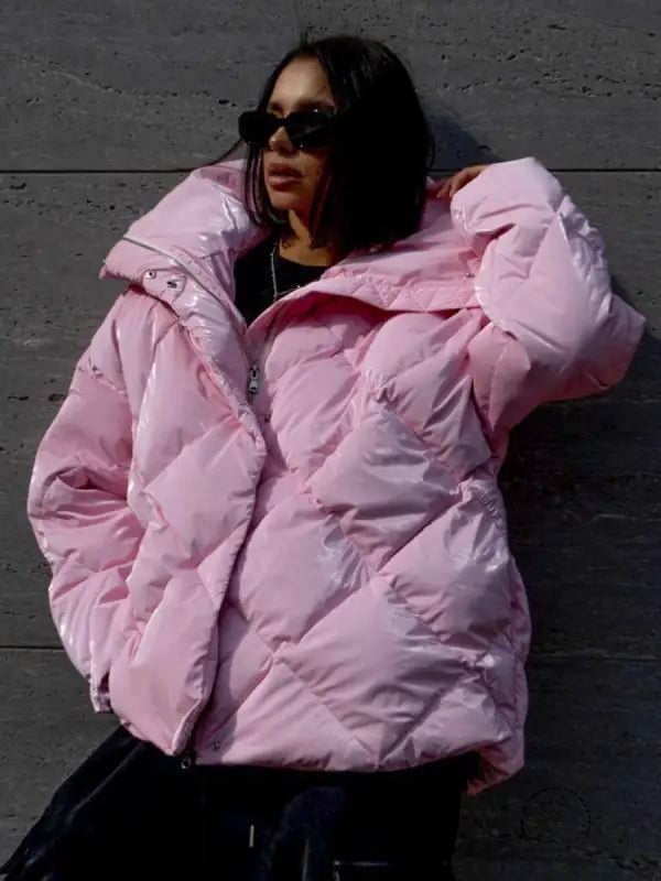 Pink langry fashion puffer jacket with quilted hood in cotton padded style
