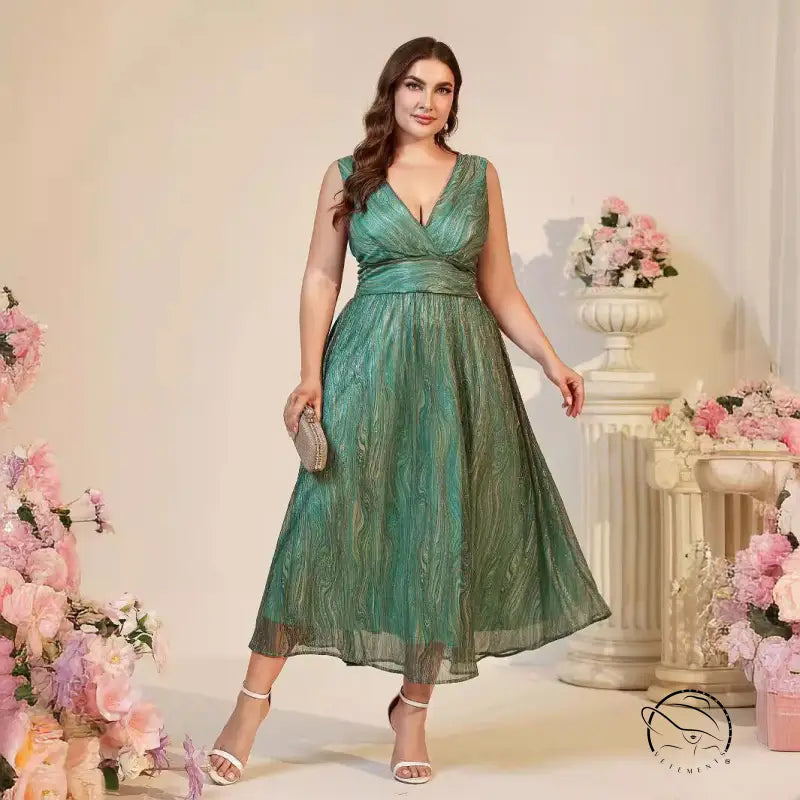 Woman in beautiful suspender maxi dress with V-neck and white heels