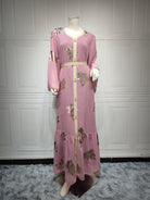 Lavender chiffon dress with floral print, gold buttons, belt - langry fashion ملابس