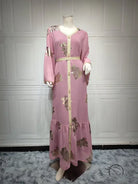 Lavender langry fashion dress with gold buttons and belt