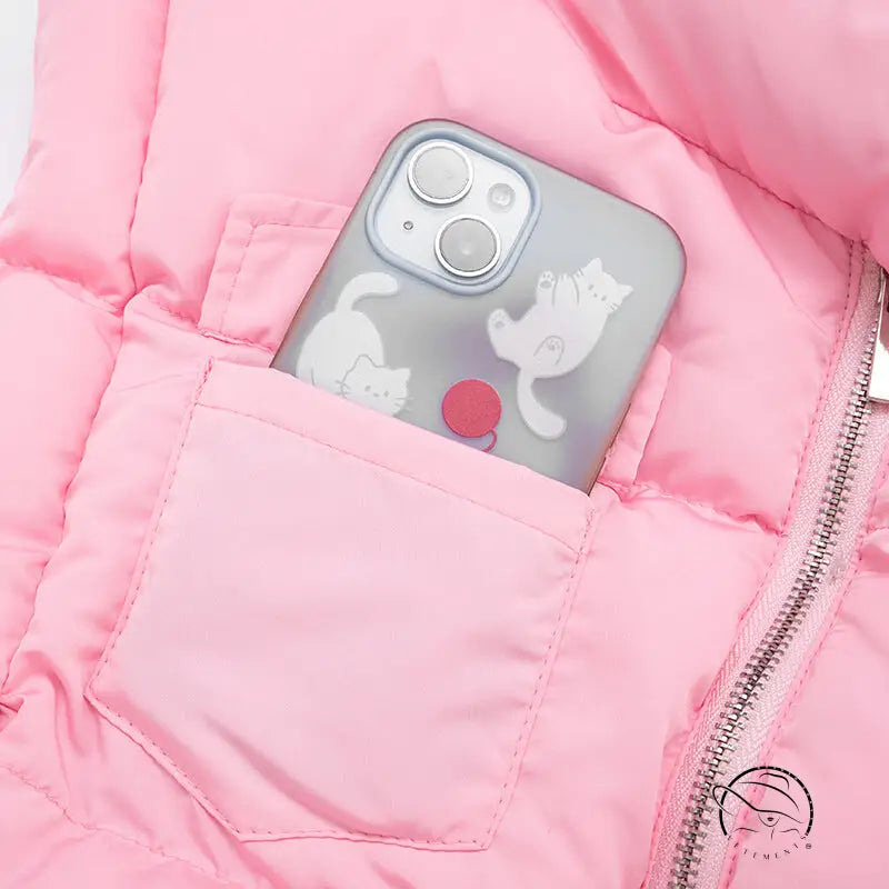 Pink quilted puffer jacket with zipper and cat phone case in Langry fashion ملابس