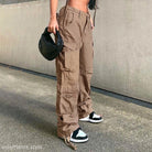 Brown cargo pants from HIP HOP LOW WAIST DENIM PANTS collection showcasing low waist style