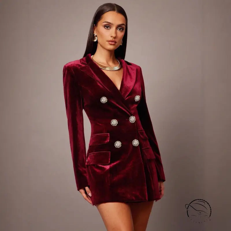 Elegant langry burgundy velvet blazer dress with silver buttons