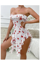 Elegant white off-shoulder langry fashion nightdress with red rose print and ruffled hem