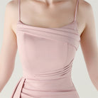 Elegant blush pink langry satin evening dress with high slit