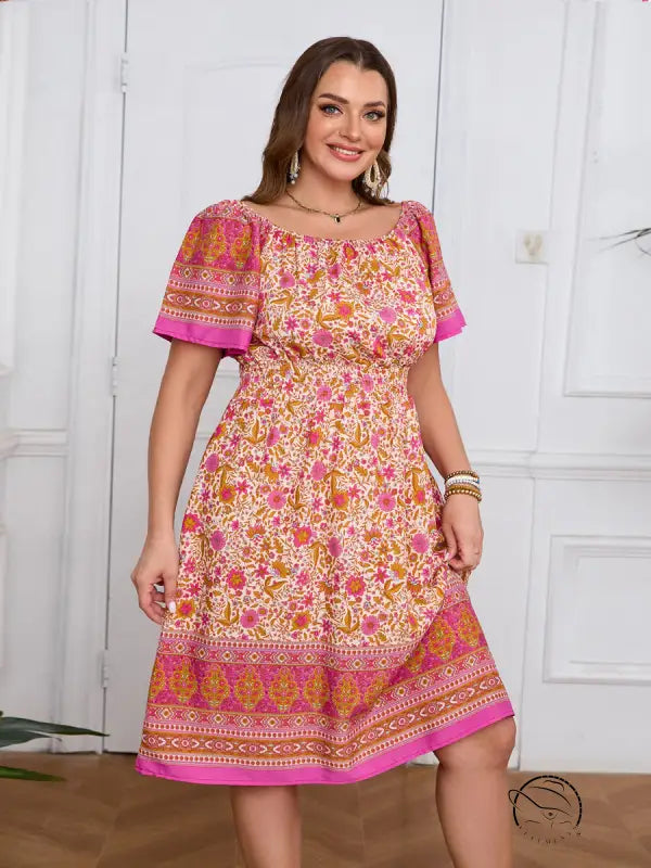 Elegant bohemian dress with boho off-shoulder midi floral print