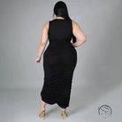 Black sleeveless ruched summer slim fit fold split dress