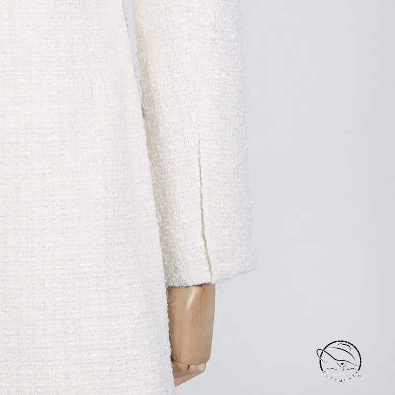 White tweed jacket sleeve on langry fashion off-shoulder dress