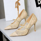 Langry fashion mesh rhinestone pearl strap stiletto high heels with gold lace and pointed toes