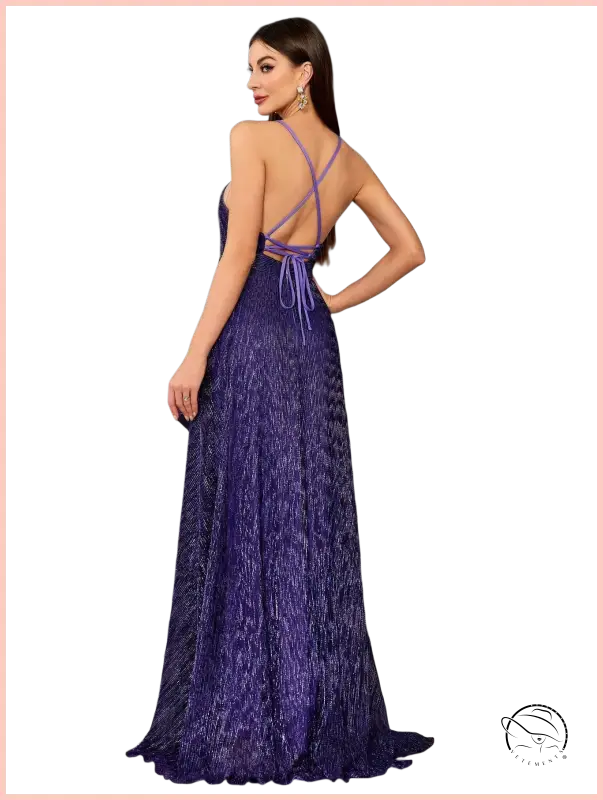 Elegant slim fit langry purple pleated evening gown with crisscross back straps and bow