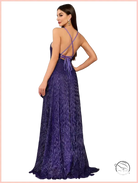 Elegant slim fit langry purple pleated evening gown with crisscross back straps and bow