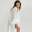 Elegant Cardigan Feather Satin Nightgown Loose Long Homewear