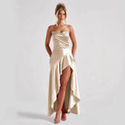 Champagne satin strapless formal dress with high slit and ruched bodice