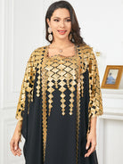 Langry fashion black and gold embroidered cape in geometric patterns for two-piece suit dress