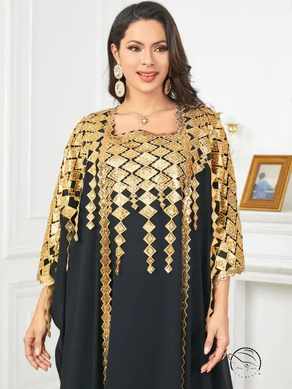 Langry black and gold embroidered cape in gorgeous metallic fashion suit dress