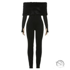 Elegant furry slim fit patchwork jumpsuit in black off-shoulder with ruffles