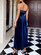 Elegant navy blue strapless velvet maxi dress in Langry fashion ملابس