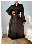 Black satin feather-trim long sleeve nightgown in luxury fashion