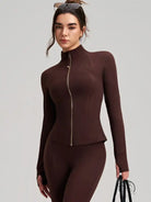 Brown long sleeve zip-up bodysuit with high neckline