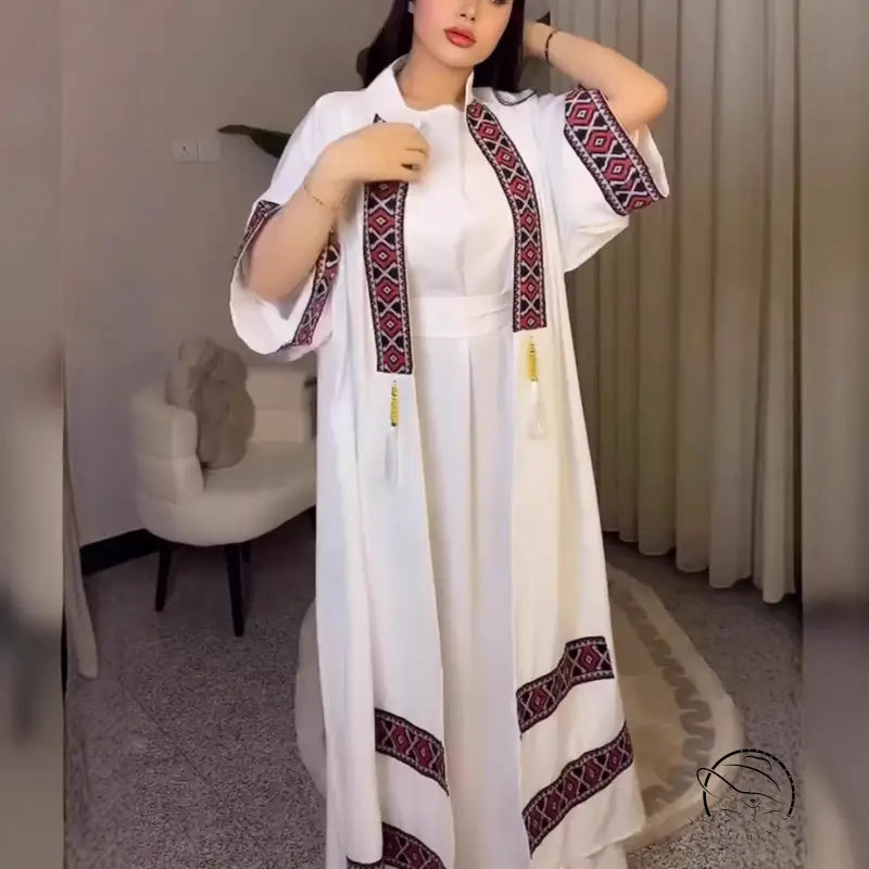 Langry fashion white embroidered maxi dress with red black geometric patterns