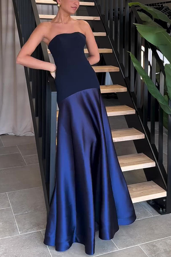 Strapless navy blue gown from Beautiful Satin Dress, a stunning choice for fashion enthusiasts