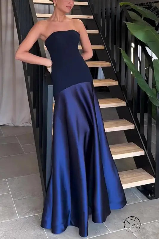 Elegant strapless navy blue satin dress in Langry fashion
