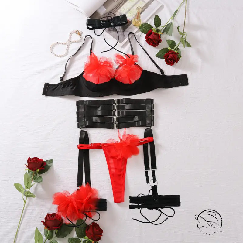 Cute four piece set underwear in red feathers with black accents