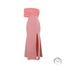 Pink off-the-shoulder langry split dress with thigh-high slit