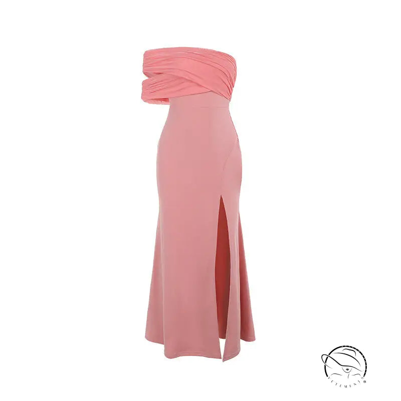 Pink off-the-shoulder langry split dress with thigh-high slit