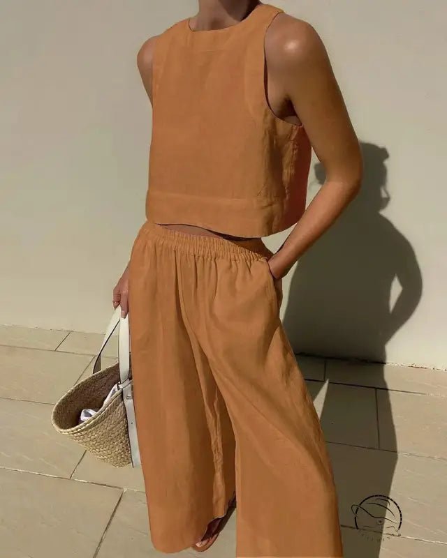 Casual loose sleeveless shirt two piece set in matching orange