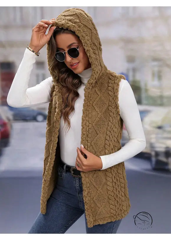 Langry fashion brown cable knit hooded vest with diamond plaid texture