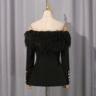 Langry elegant fashion black feathered off-shoulder top with gold buttons