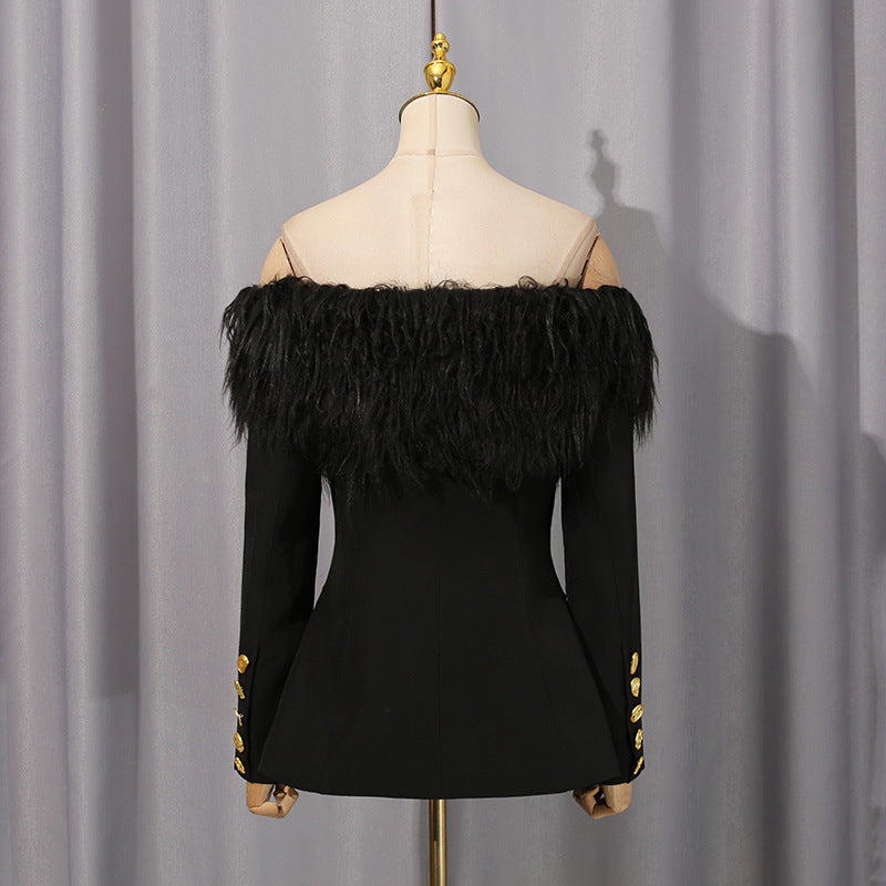 Langry elegant fashion black feathered off-shoulder top with gold buttons
