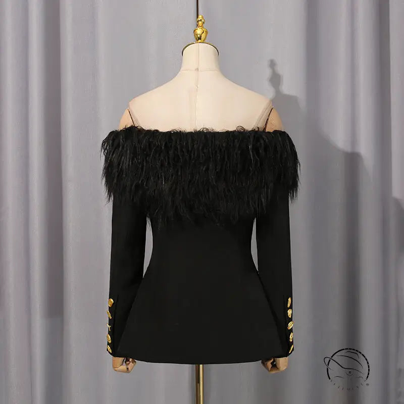 Elegant langry fashion black feathered off-shoulder top with gold buttons