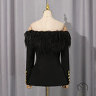 Elegant langry fashion black feathered off-shoulder top with gold buttons