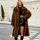 Long warm faux fur plush coat in luxurious brown fashion