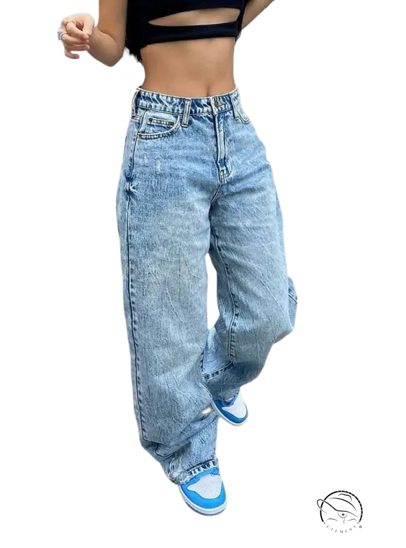 Slim waist loose jeans in light wash baggy blue style