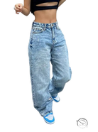 Slim waist loose jeans in light wash baggy blue style
