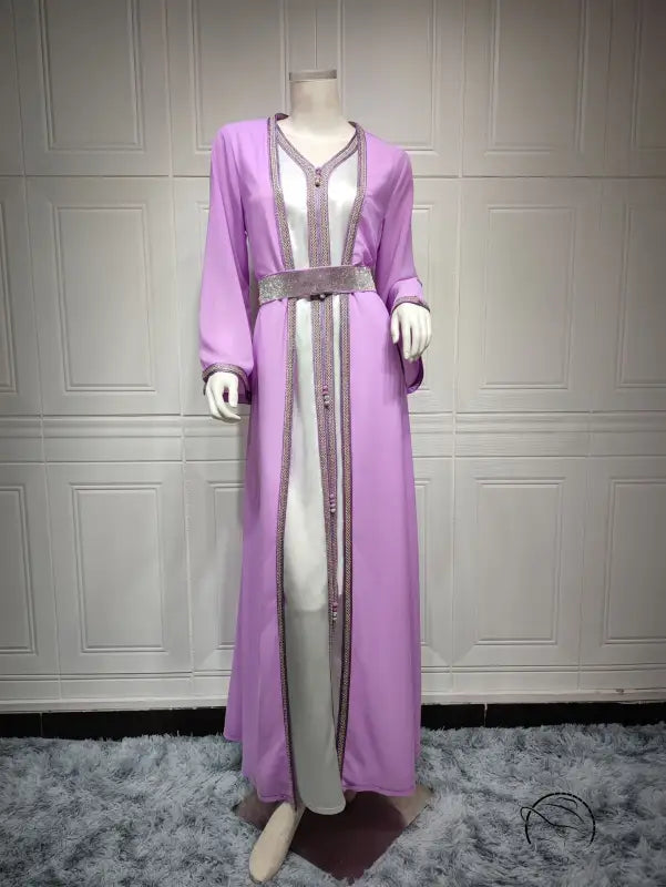 Beautiful langry two-piece fashion dress in lavender and white with silver accents