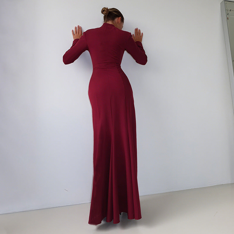 Burgundy langry fashion maxi dress with high neckline and fitted waist
