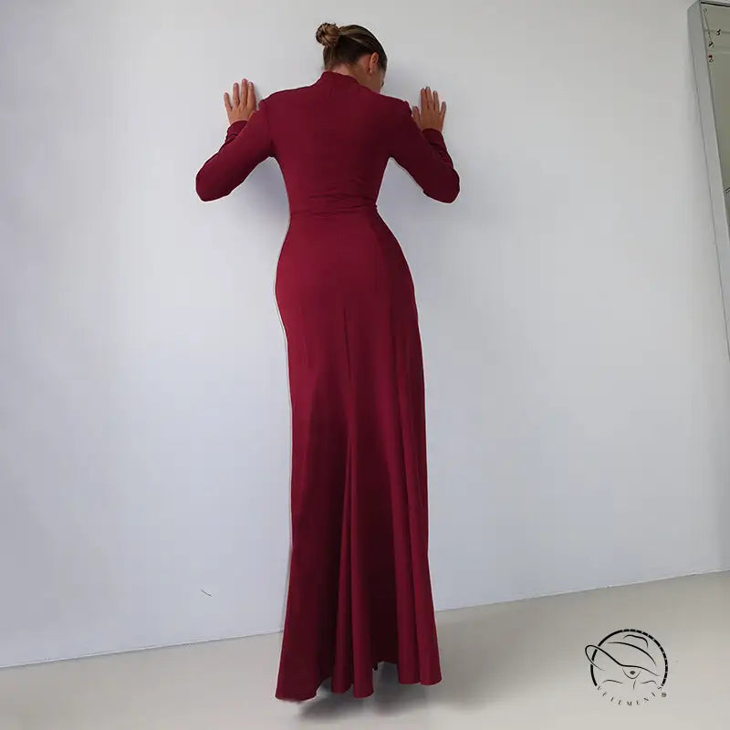 Burgundy langry fashion maxi dress with high neckline and fitted waist