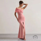 Elegant pink off-the-shoulder split dress in enchanting mesh stitching fashion